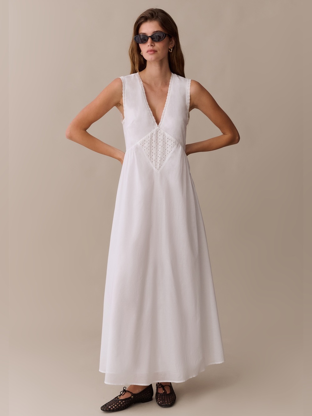Kourt Few Moda Size M White Sonnet V neck Cotton Long Maxi Ankle Dress